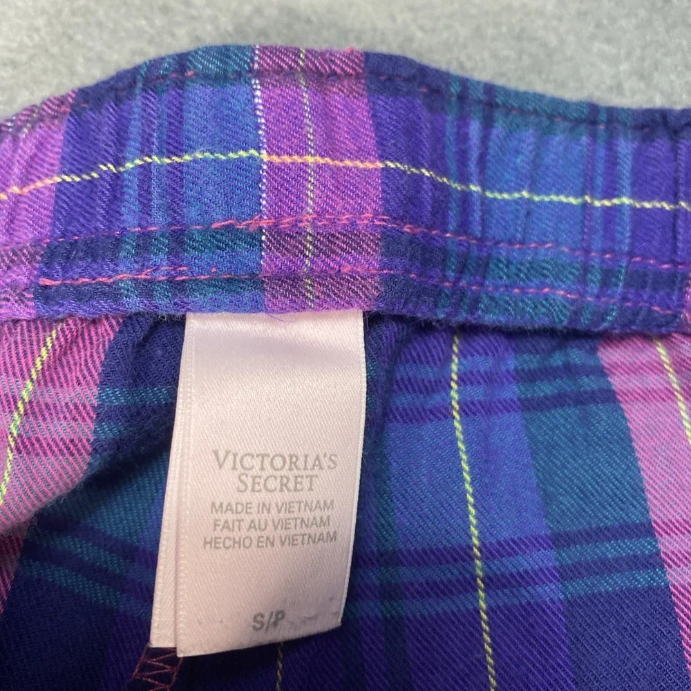 Victoria's Secret Small Y2K Plaid Light Flannel Pajama Set Pink Blue Roll Tab